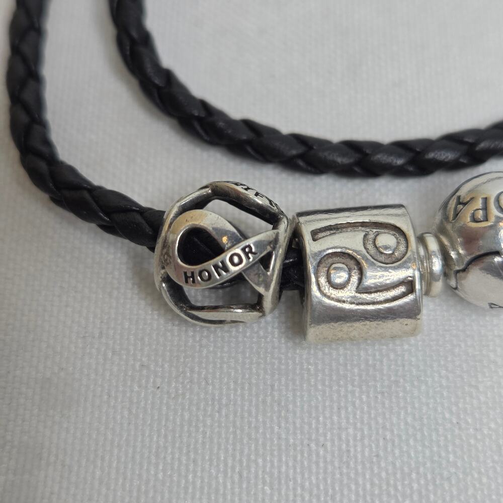 Pandora Sterling Silver Black Leather Braided Wrap Bracelet w/ 3 Charms